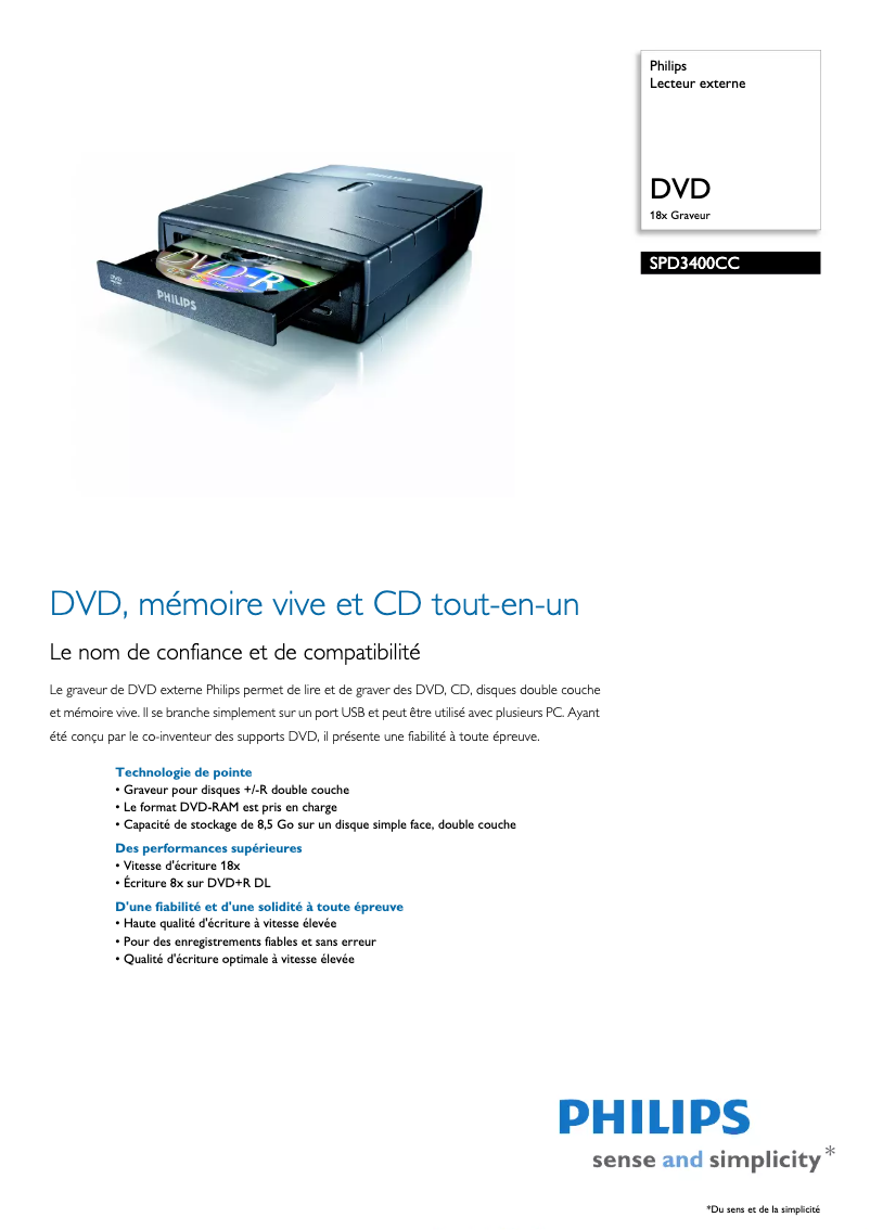 Page 1 de la notice Fiche technique Philips SPD3400CC