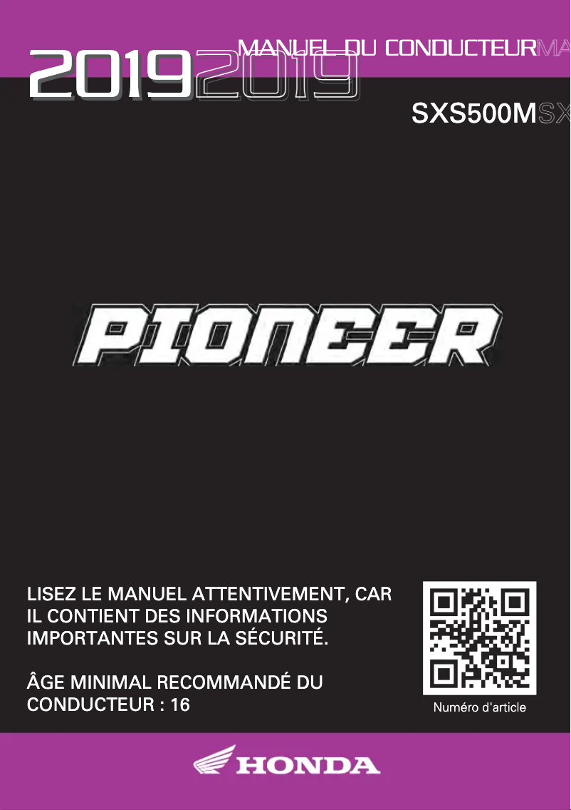 Page 1 de la notice Manuel utilisateur Honda Pioneer 500 SXS500M (2019)