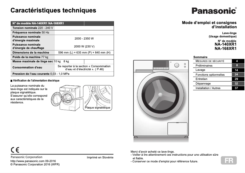 Page n°1 - Manuel utilisateur Panasonic NA-168XR1