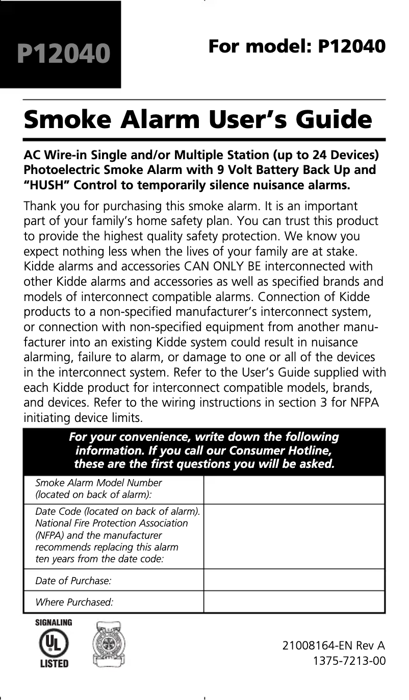 Page 1 de la notice Manuel utilisateur Kidde P12040