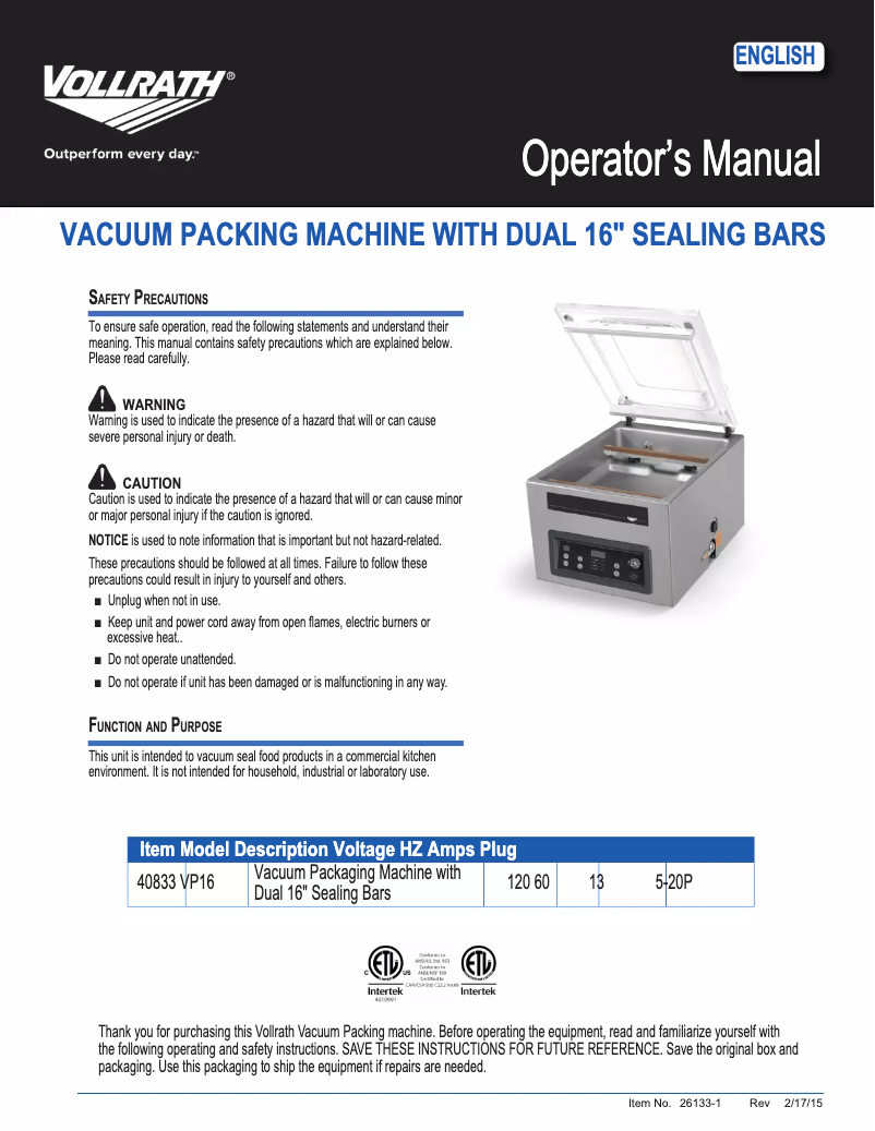 Page 1 de la notice Manuel utilisateur Vollrath VP16