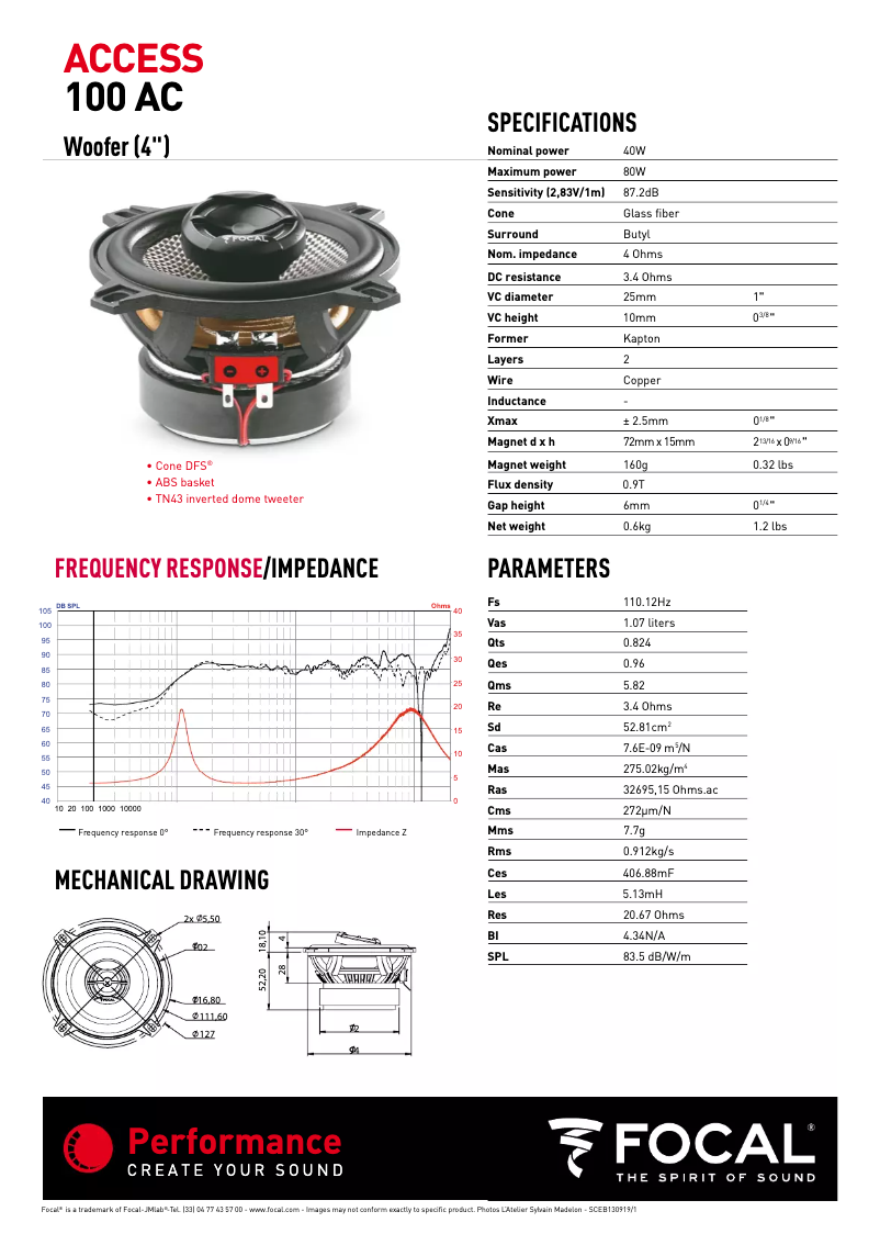 Page 1 of the manual Technical Sheet Focal 100 AC