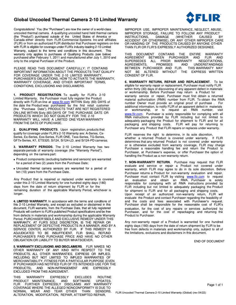 Page 1 de la notice Informations de garantie FLIR K1