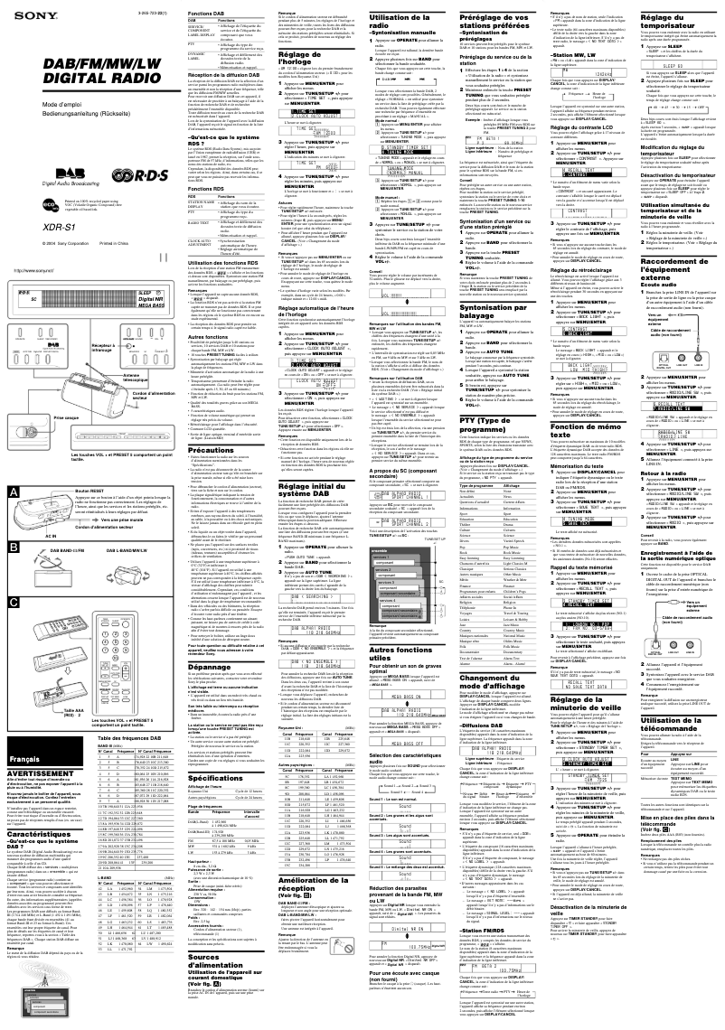 Page 1 de la notice Manuel utilisateur Sony XDR-S1