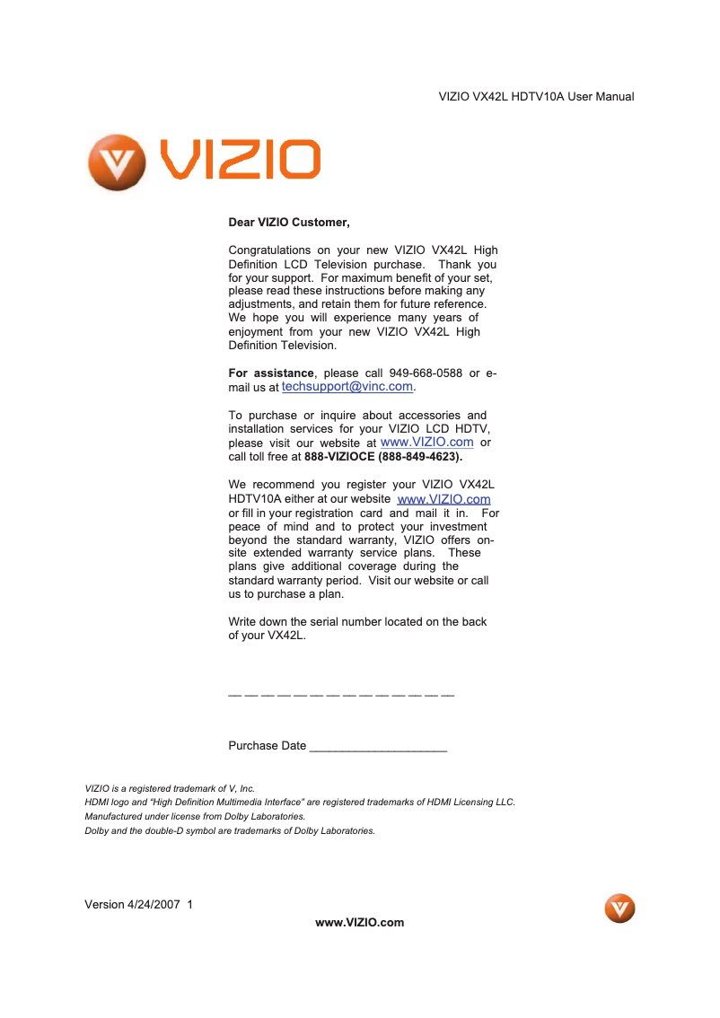 Page 1 de la notice Manuel utilisateur VIZIO VX42LHDTV10A