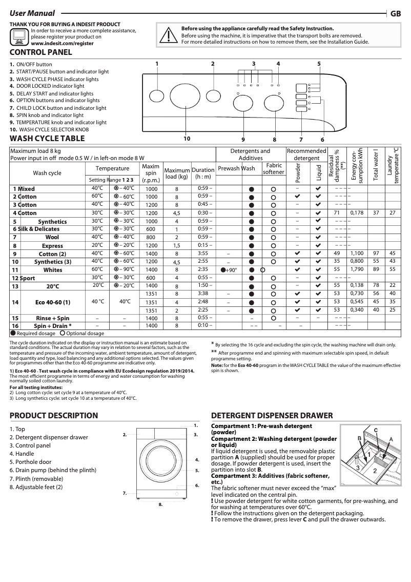 Page 1 de la notice Manuel d'utilisation et d'entretien Indesit MTWC 81495 W UK