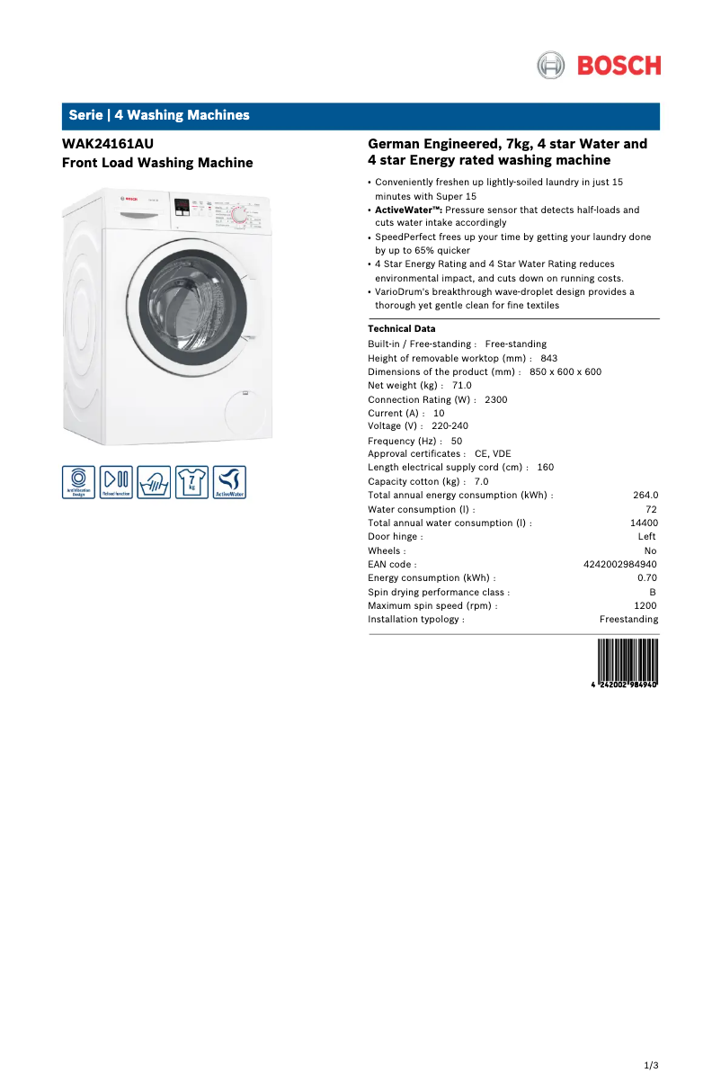 Page n°1 - Fiche technique Bosch WAK24161AU