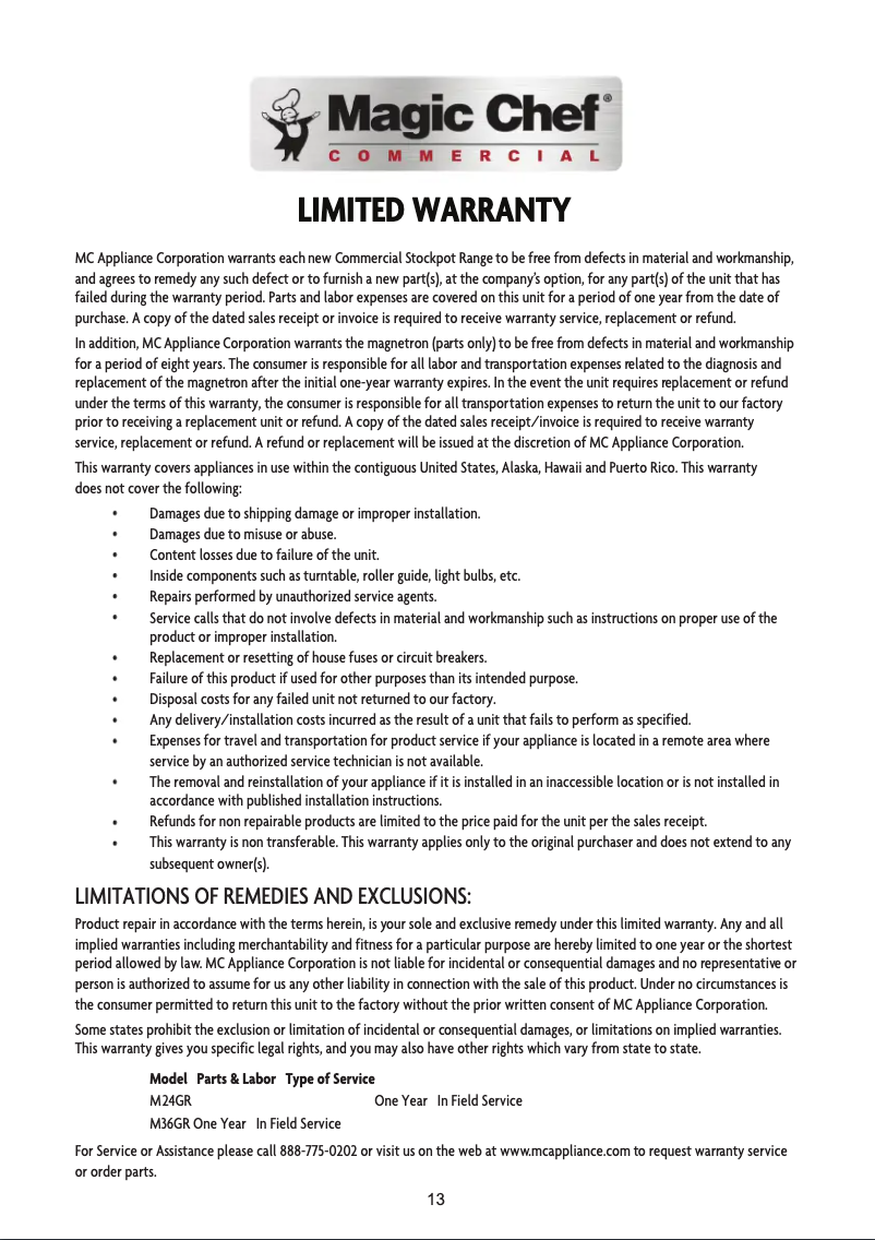 Página 1 del manual Información de garantía Magic Chef M24GR