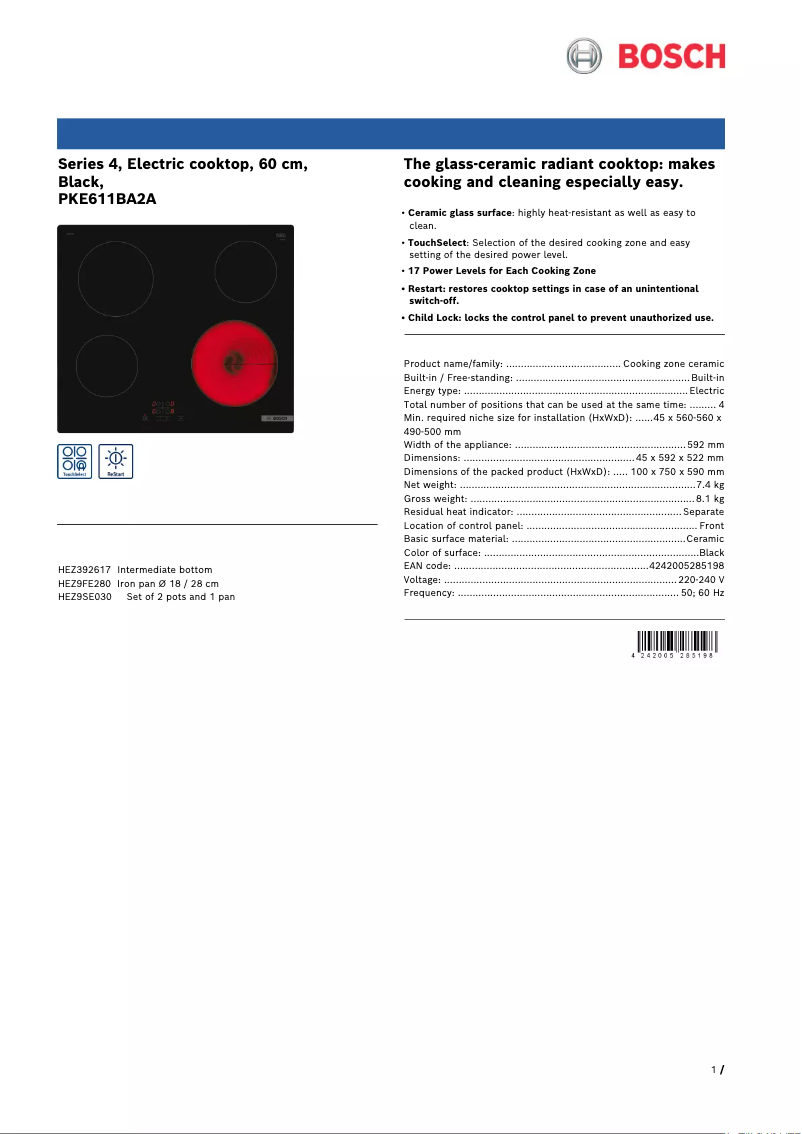 Página 1 del manual Ficha técnica Bosch PKE611BA2A