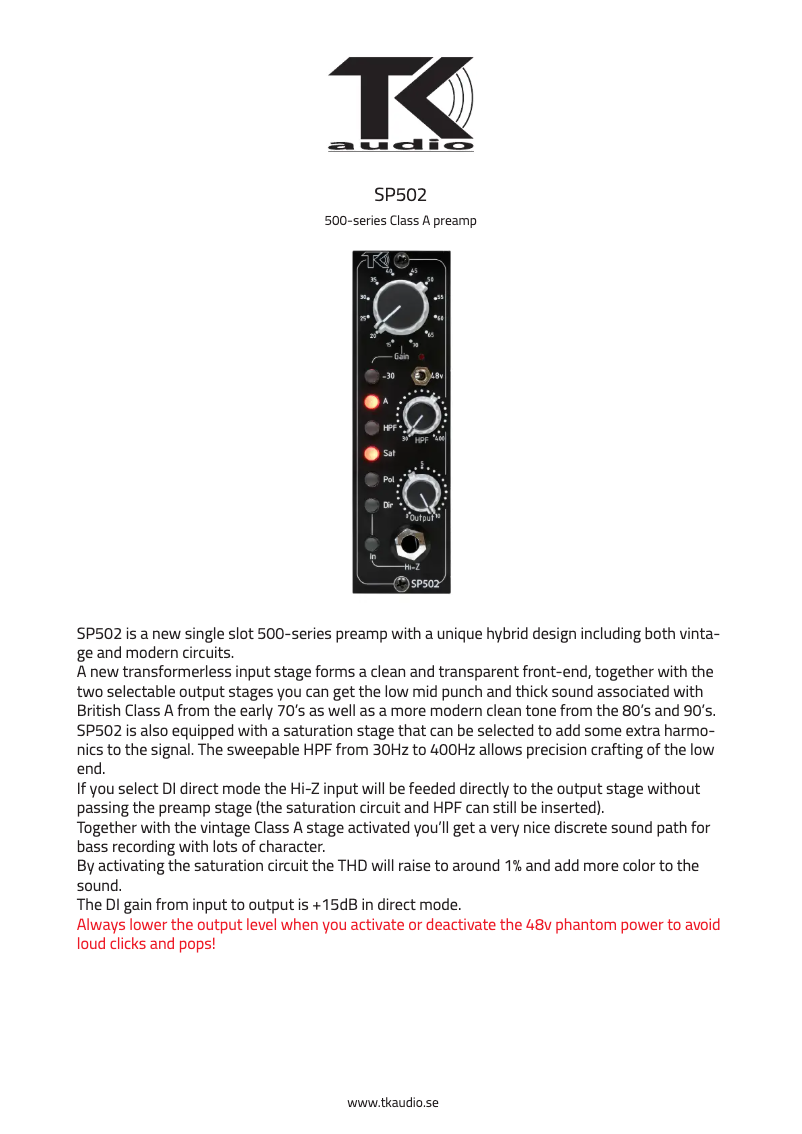 Page 1 de la notice Manuel utilisateur TK Audio SP502