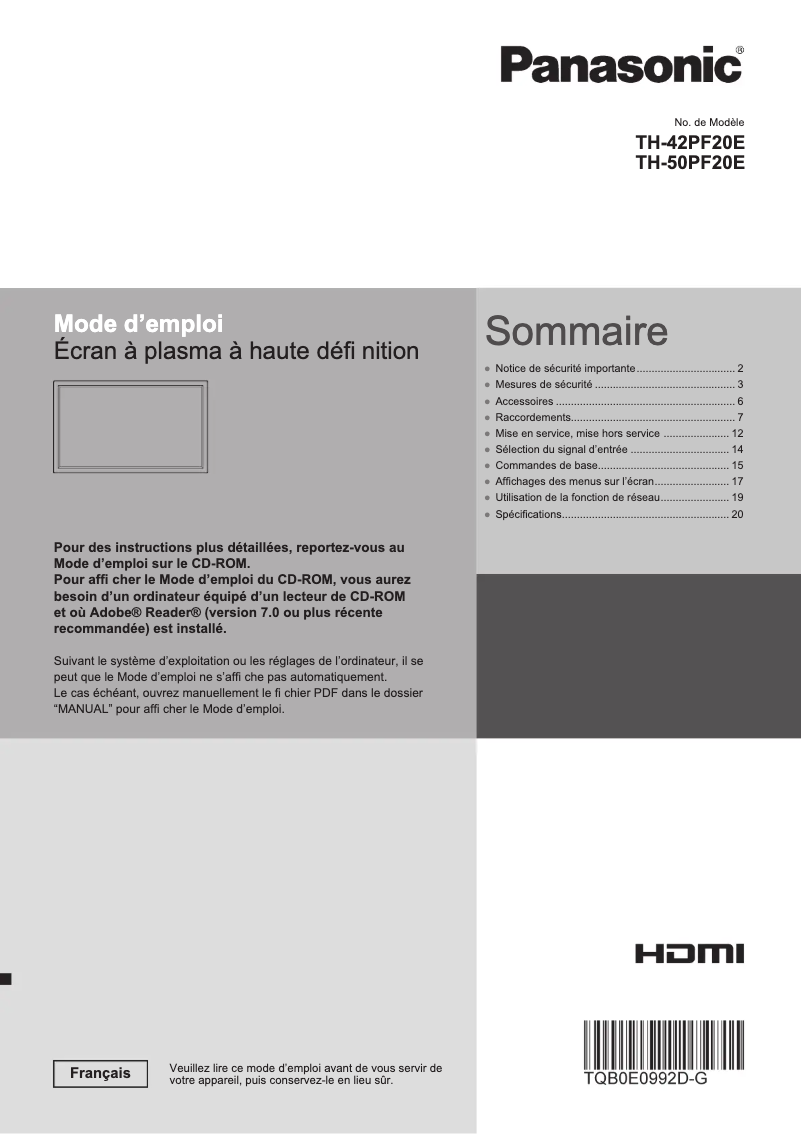 Image de la première page du manuel de l'appareil TH-42PF20E