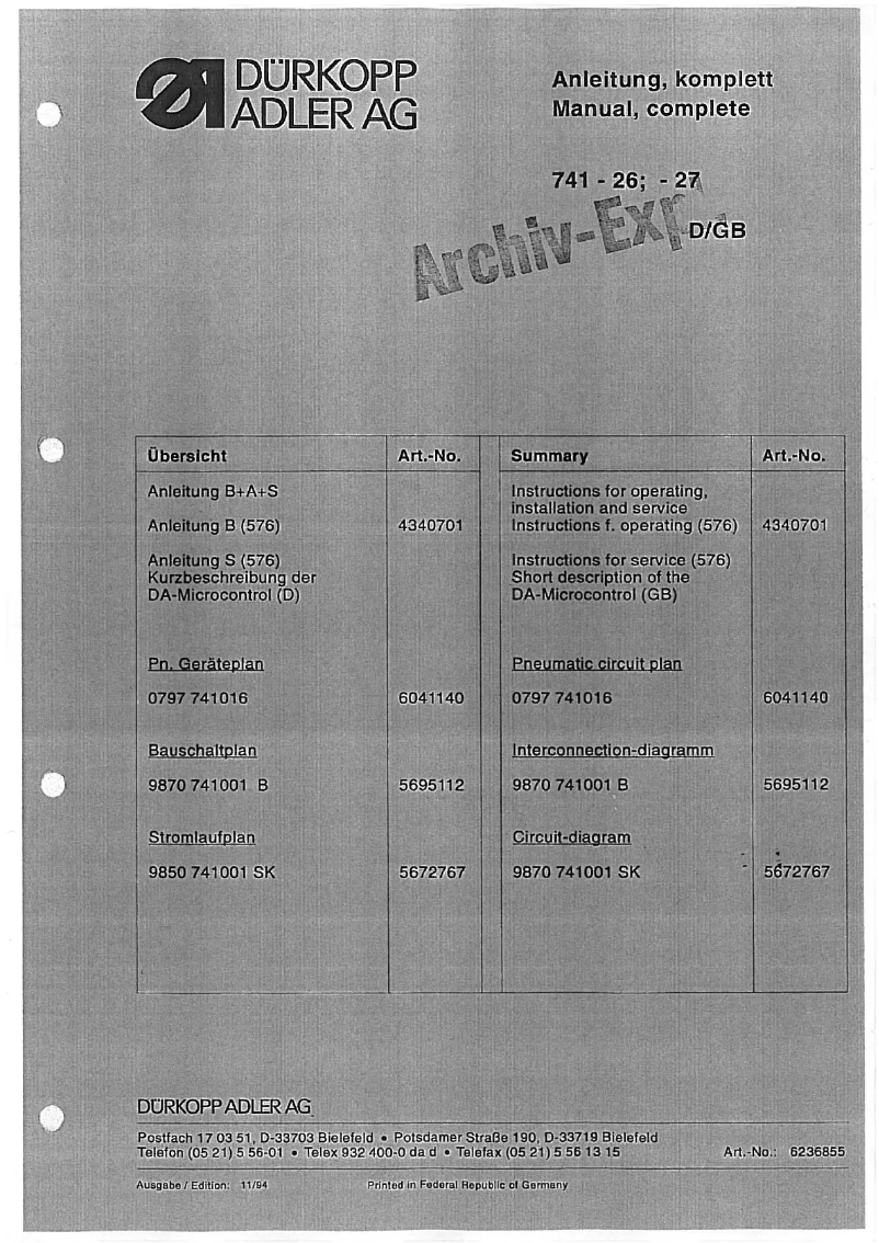 Page n°1 - Manuel utilisateur Dürkopp Adler 741