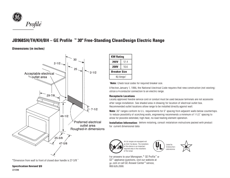 Page n°1 - Fiche technique GE Profile JB968KHCC