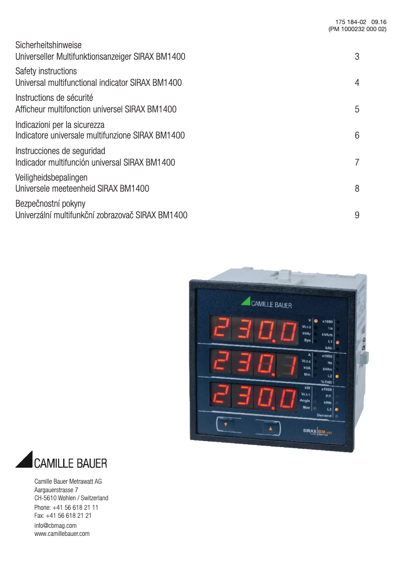 Page 1 de la notice Instructions de sécurité Camille Bauer SIRAX BM1400