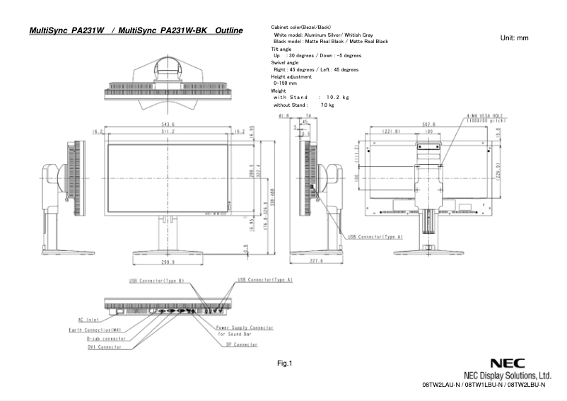 Page 1 de la notice Dessin technique NEC MultiSync P232W