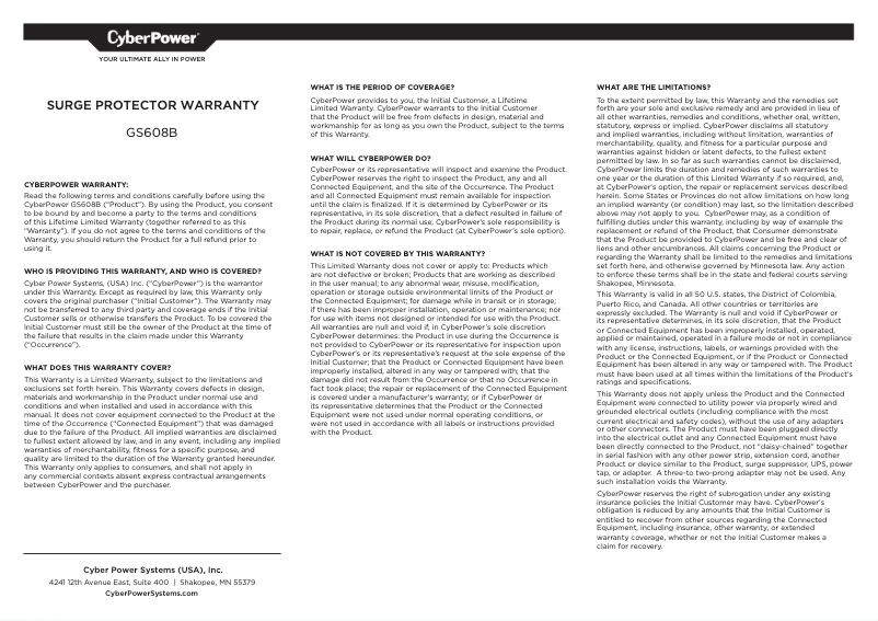 Page n°1 - Informations de garantie CyberPower GS608B