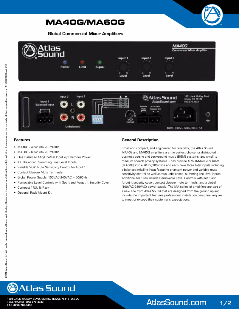 Page 1 of the manual Brochure Atlas Sound MA40G