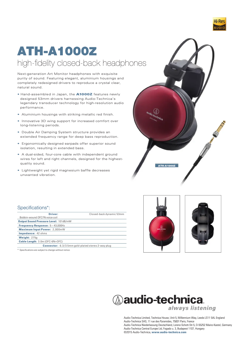 Page 1 de la notice Fiche technique Audio-Technica ATH-A1000Z