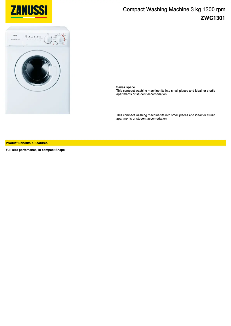 Page n°1 - Fiche technique Zanussi ZWC1301