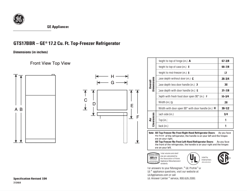Page n°1 - Fiche technique GE GTS17BBRRWW