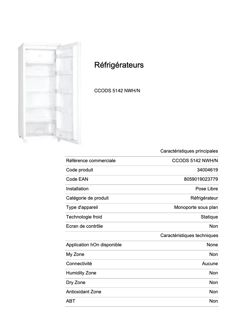 Page 1 de la notice Fiche technique Candy CCODS 5142 NWH/N