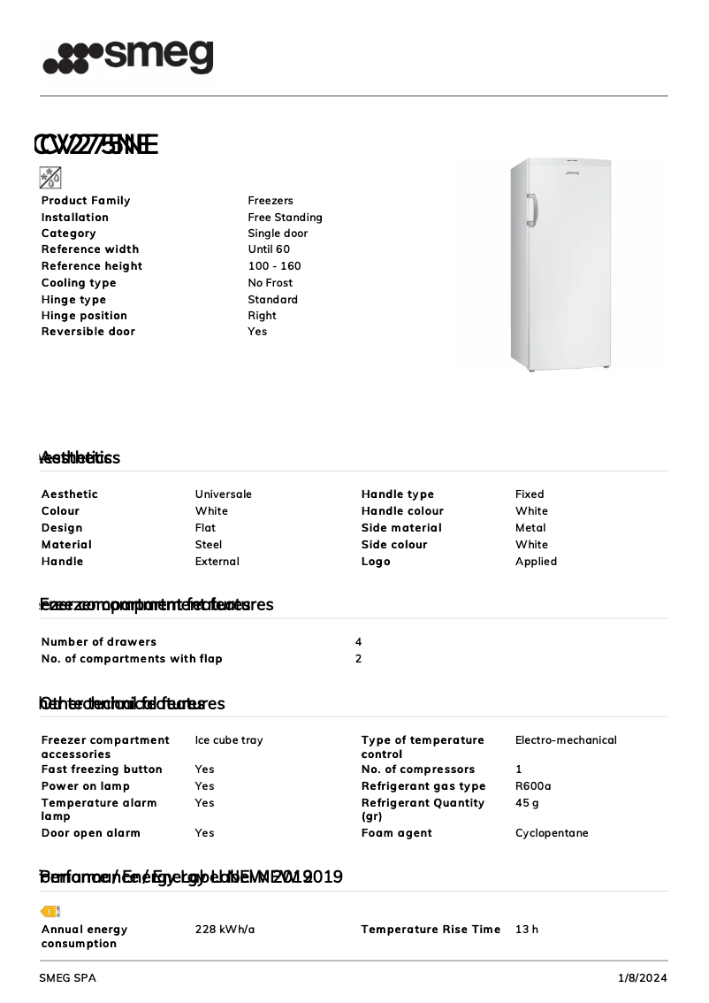 Page 1 de la notice Fiche technique Smeg CV275NE