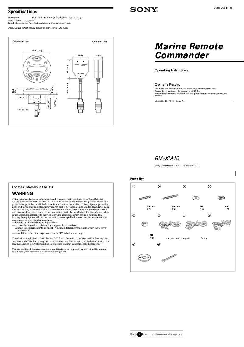 Image de la première page du manuel de l'appareil RM-XM10W