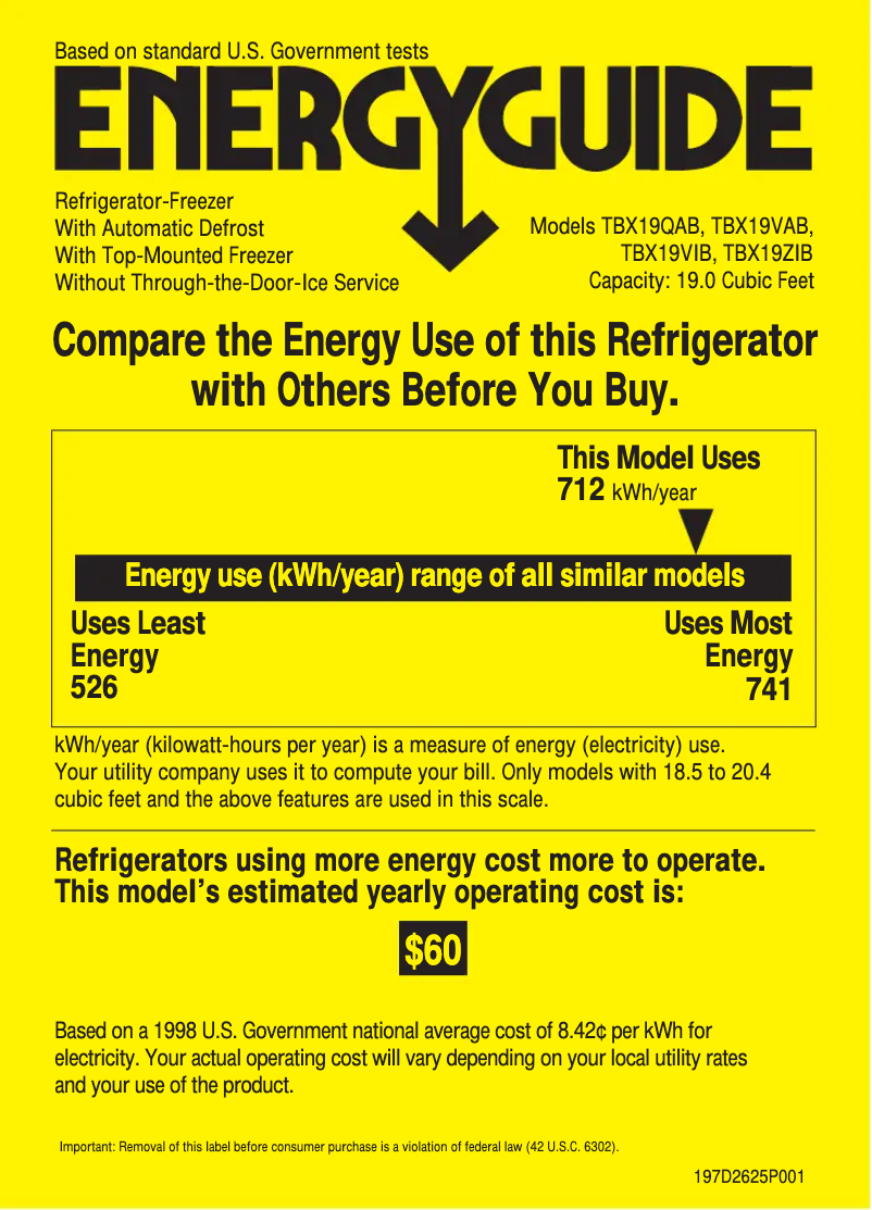 Page n°1 - Label énergétique GE TBX19QABWW