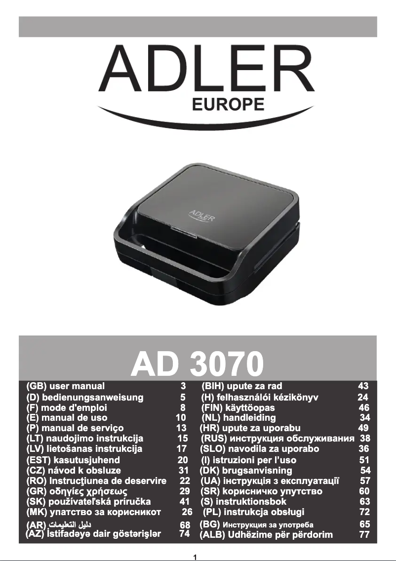 Page 1 de la notice Manuel utilisateur Adler AD 3070