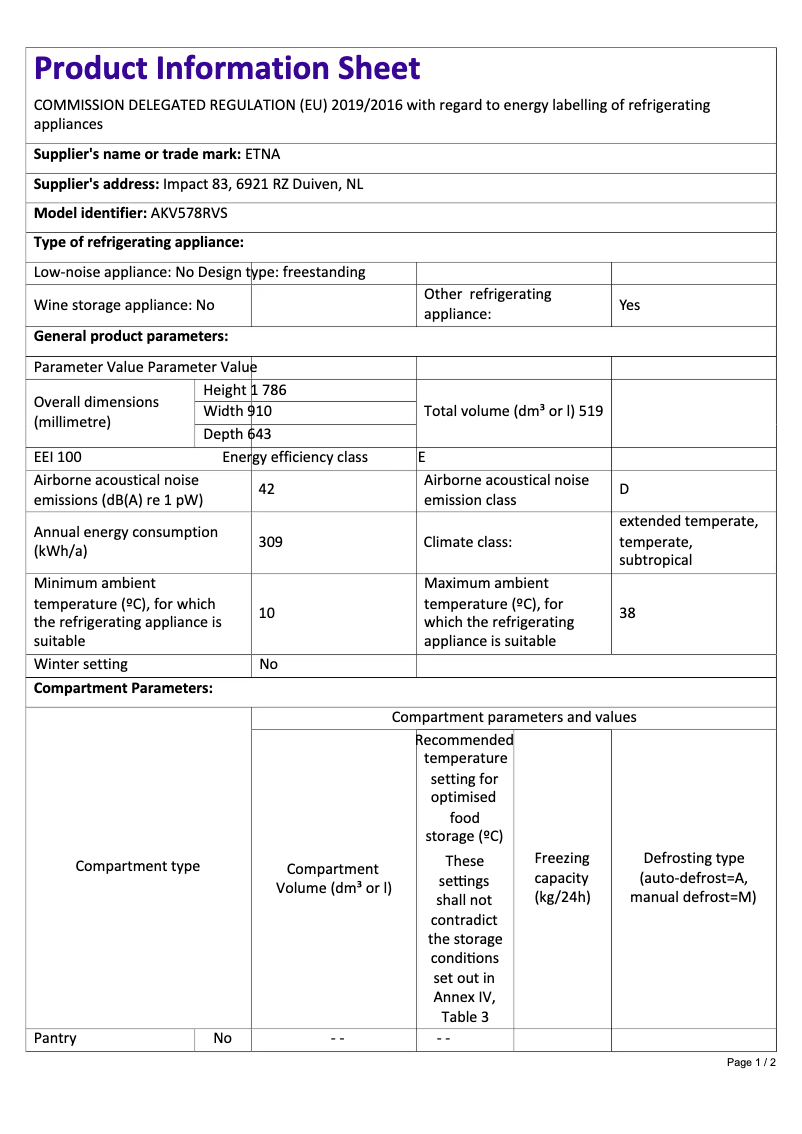 Page 1 de la notice Fiche technique Etna AKV578RVS