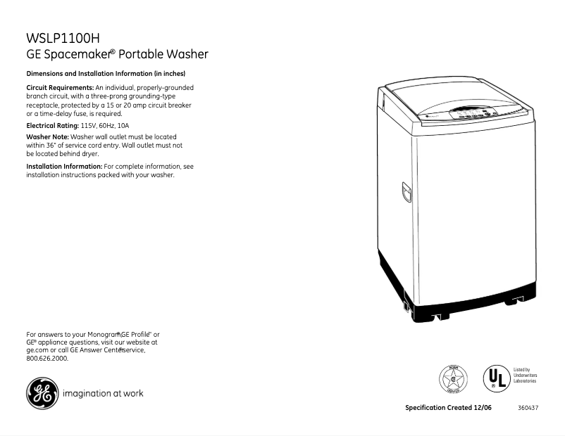 Page n°1 - Fiche technique GE WSLP1100HWW