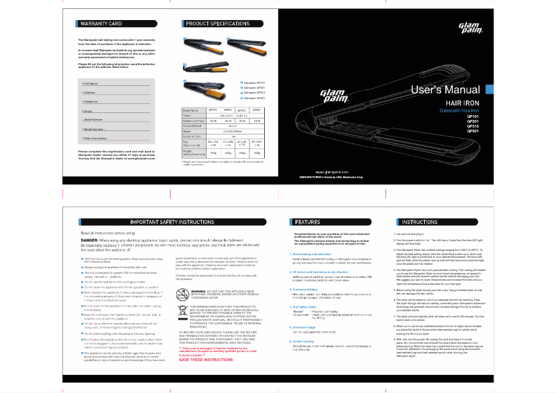Page n°1 - Manuel utilisateur GlamPalm GP313