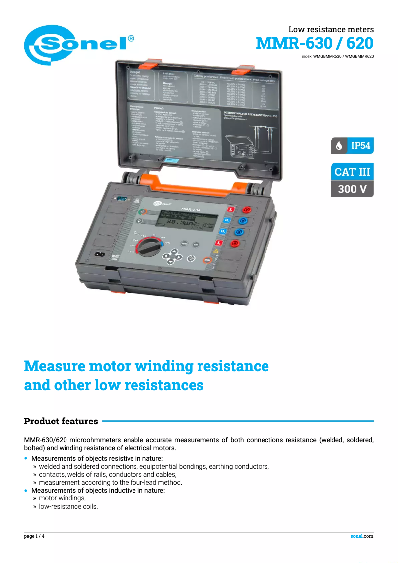 Page 1 de la notice Fiche technique Sonel MMR-620