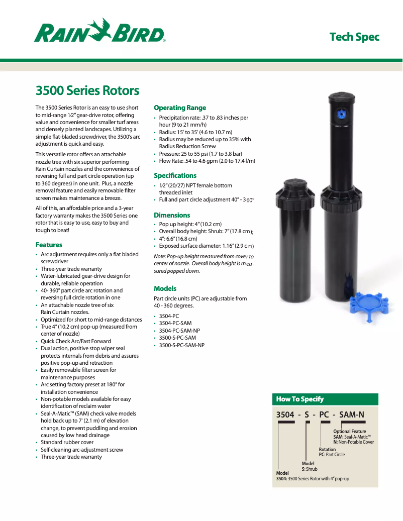 Página 1 del manual Ficha técnica Rain Bird 3500