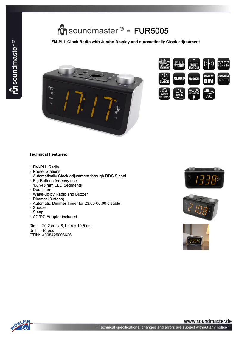 Page 1 de la notice Fiche technique Soundmaster FUR5005