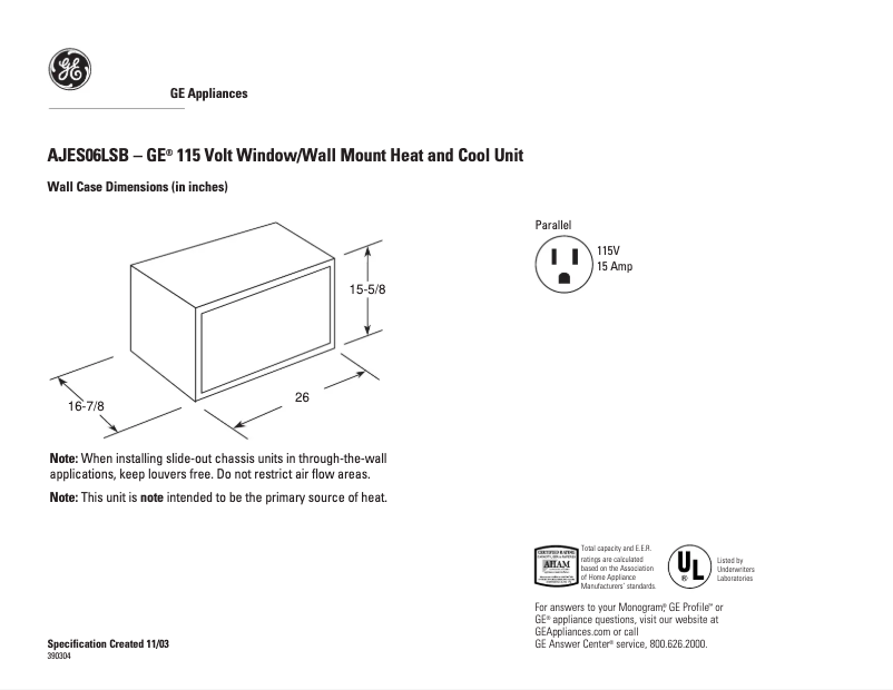 Page 1 de la notice Fiche technique GE AJES06LSB