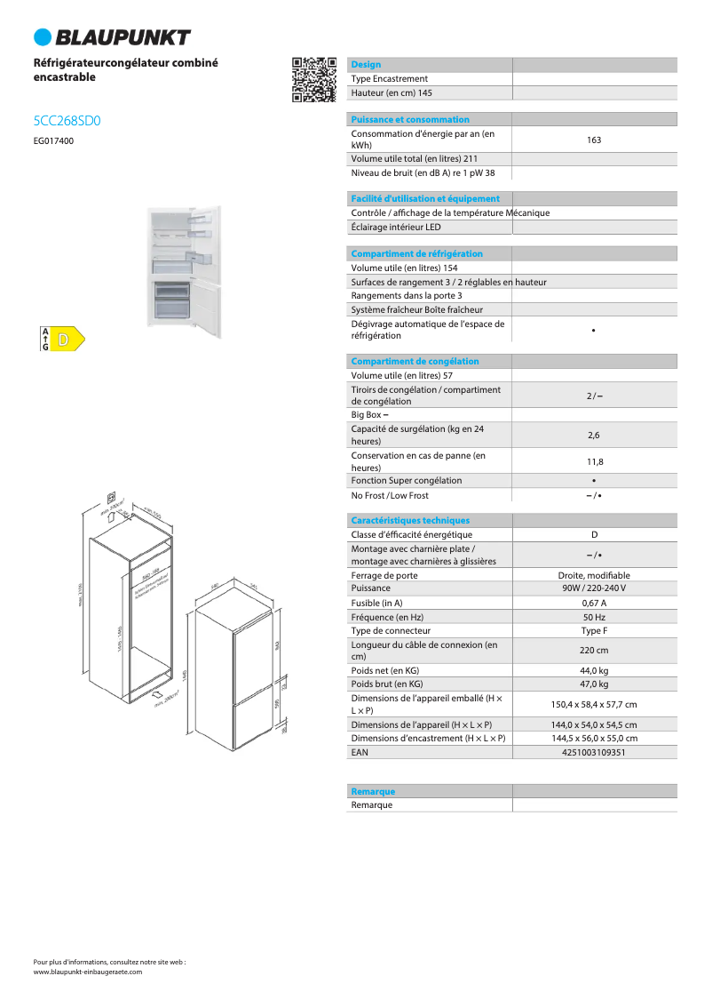 Page n°1 - Fiche technique Blaupunkt 5CC268SD0