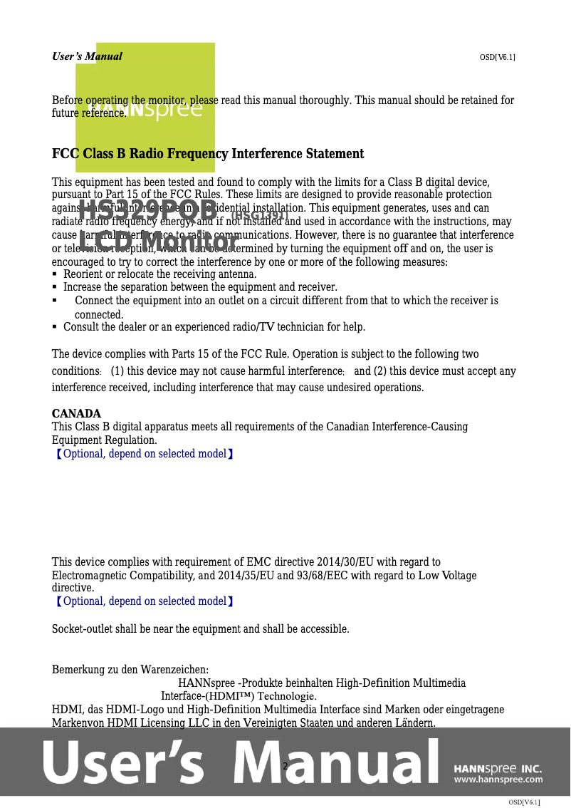 Image de la première page du manuel de l'appareil Hanns.G HS 329 PQB