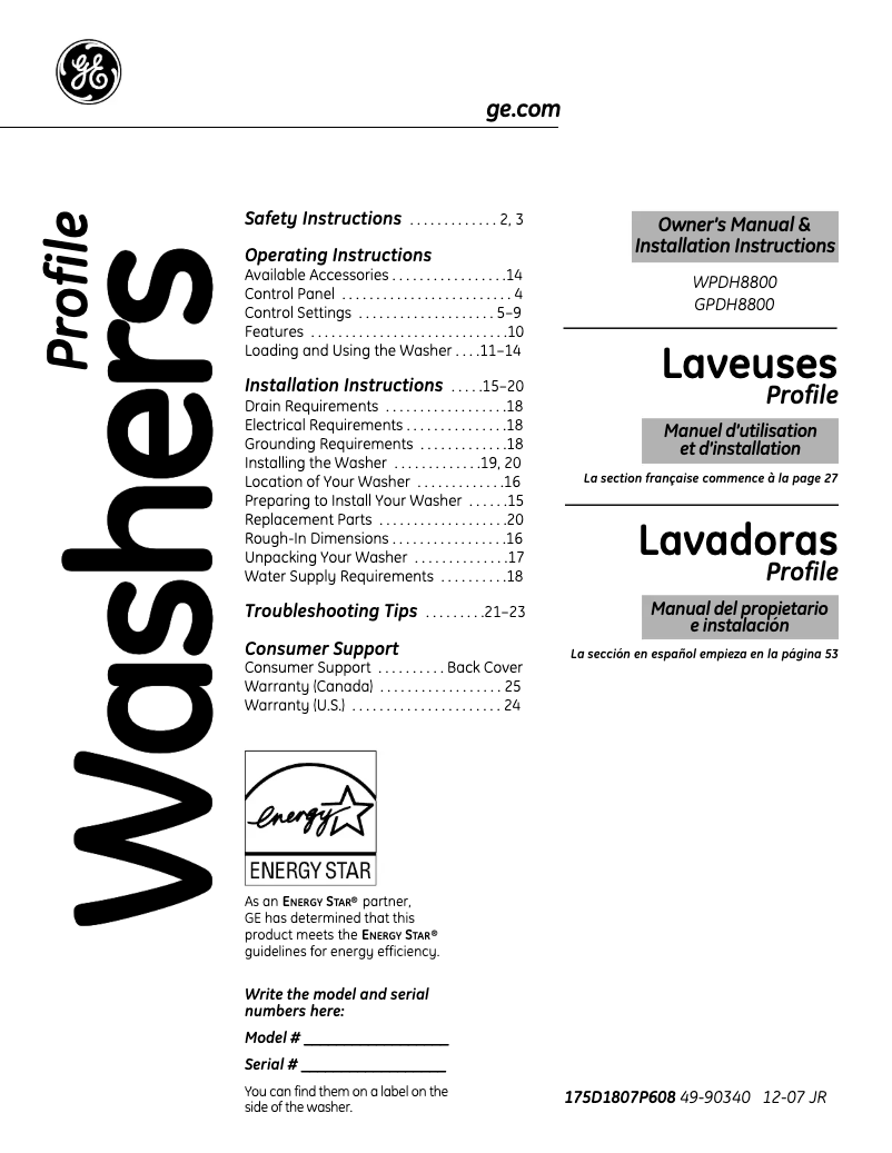 Image de la première page du manuel de l'appareil WPDH8800JWW