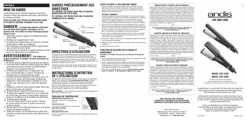 Page 1 de la notice Manuel utilisateur Andis CSV-1EA-D