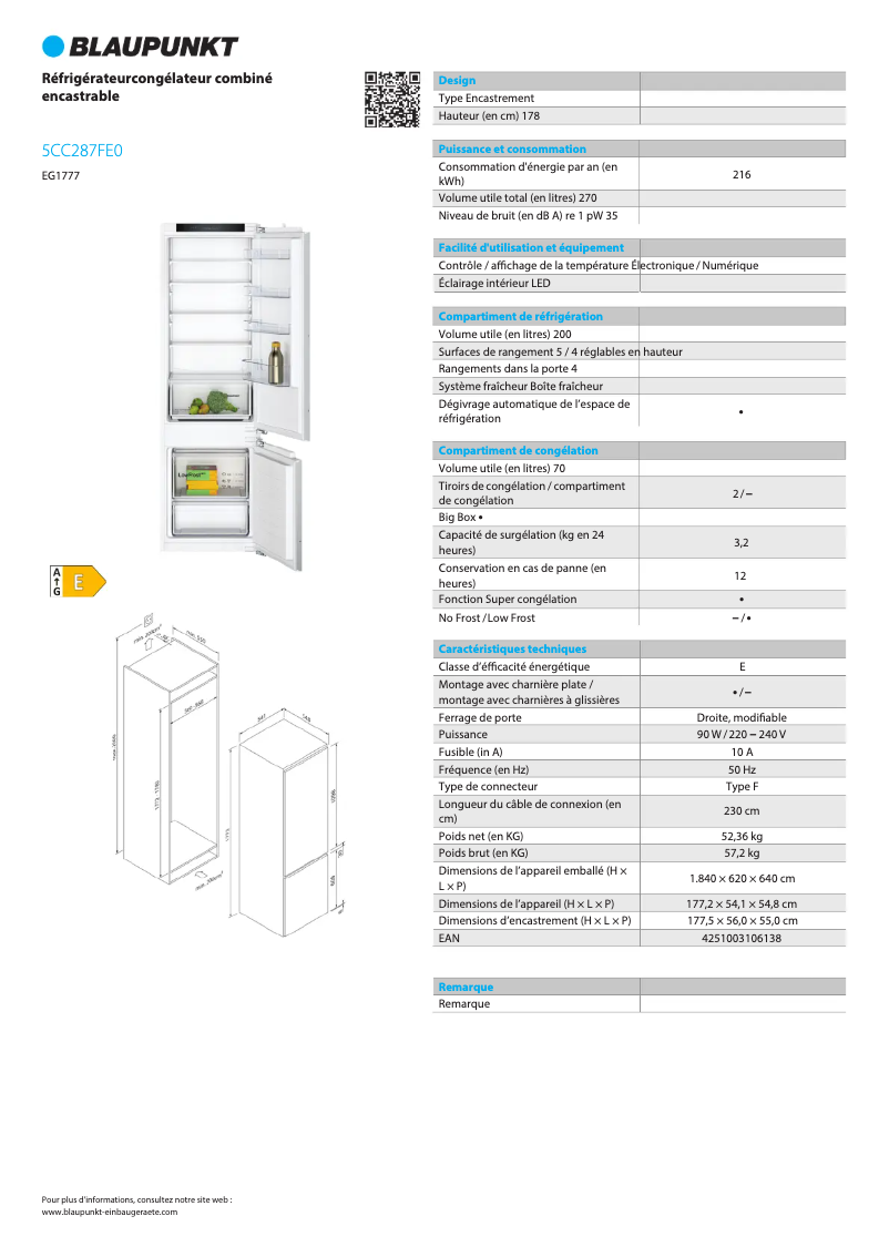 Página 1 del manual Ficha técnica Blaupunkt 5CC287FE0