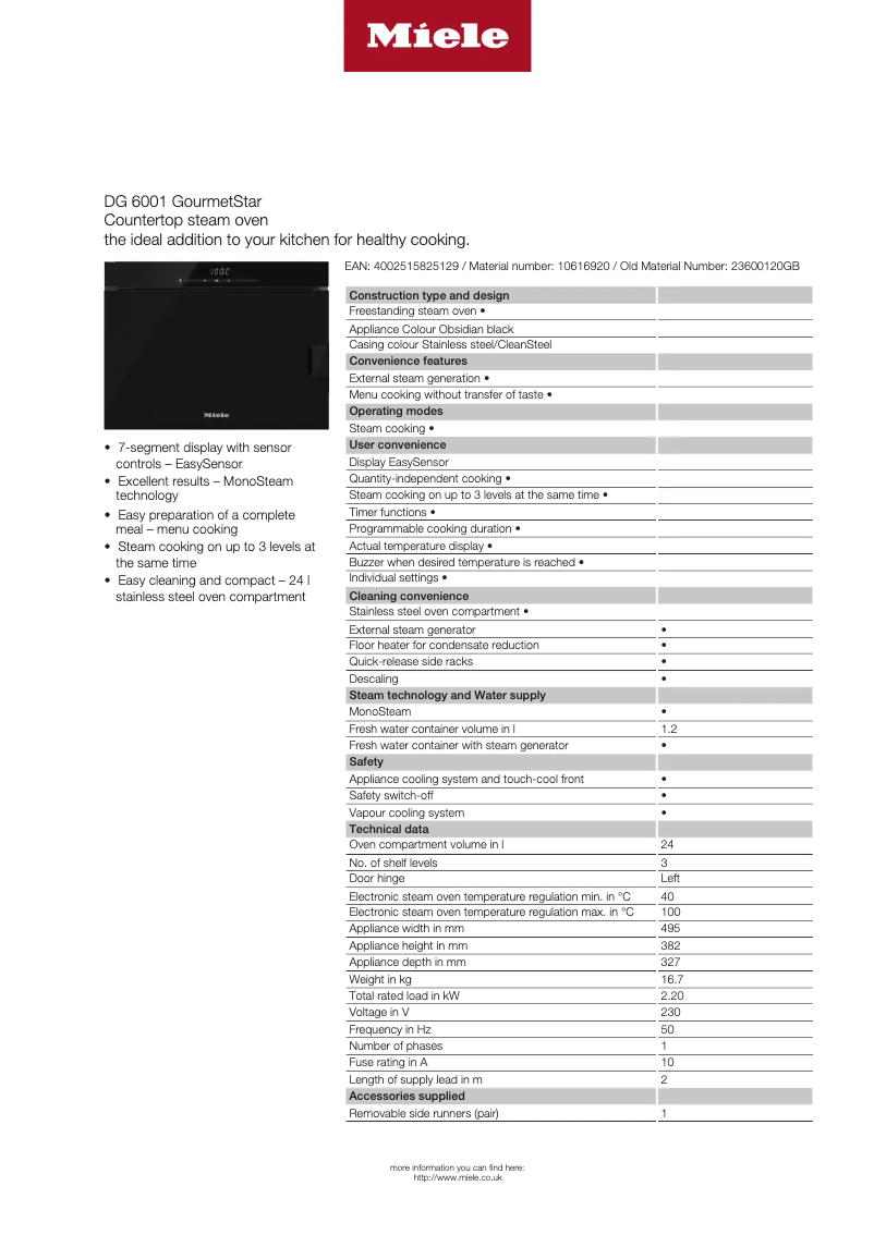 Page 1 de la notice Fiche technique Miele GourmetStar DG 6001