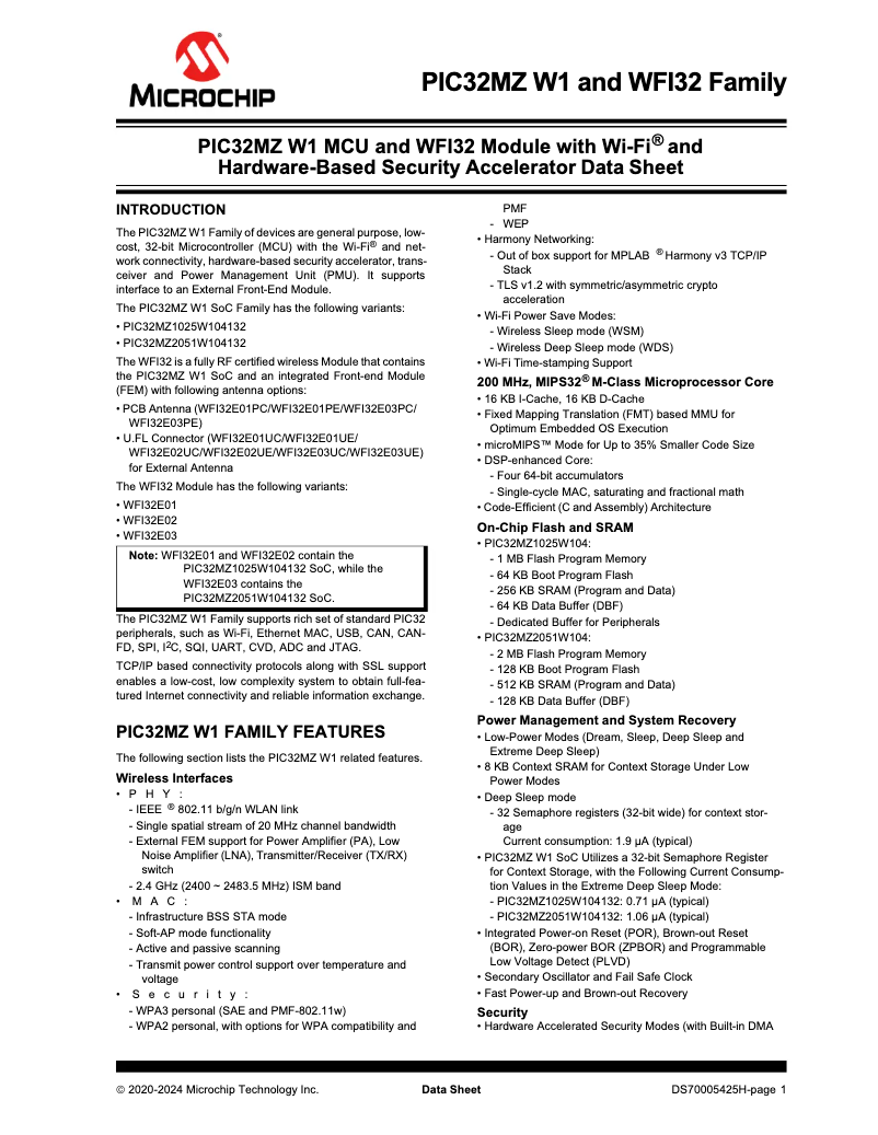 Page 1 de la notice Fiche technique Microchip WFI32E01PE