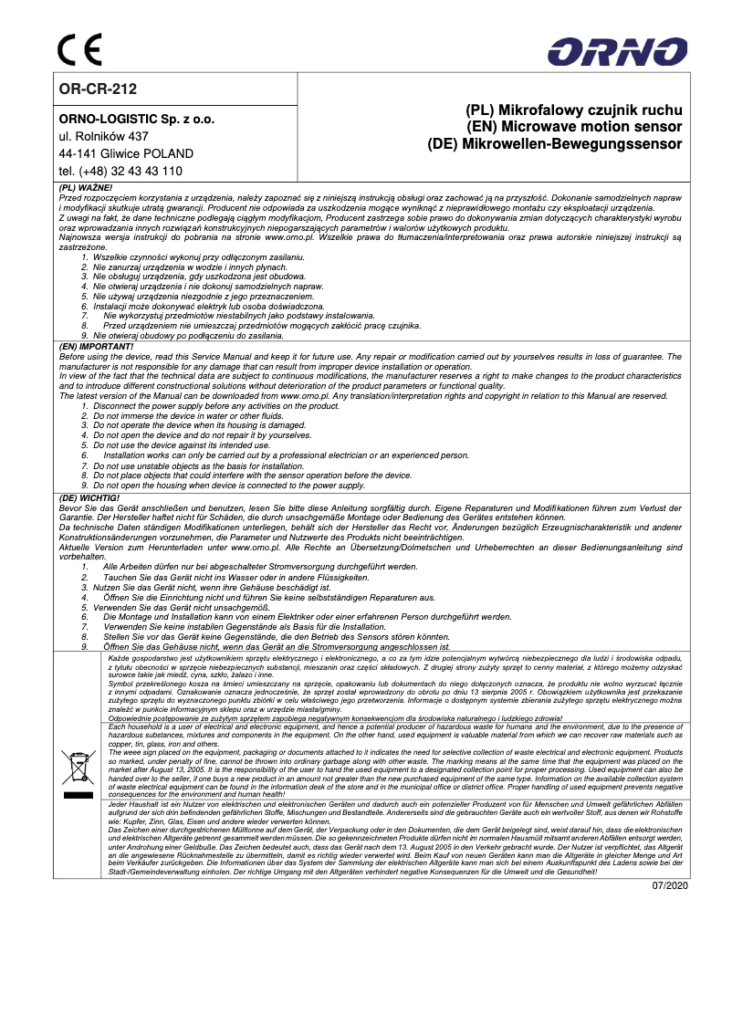 Image de la première page du manuel de l'appareil OR-CR-212