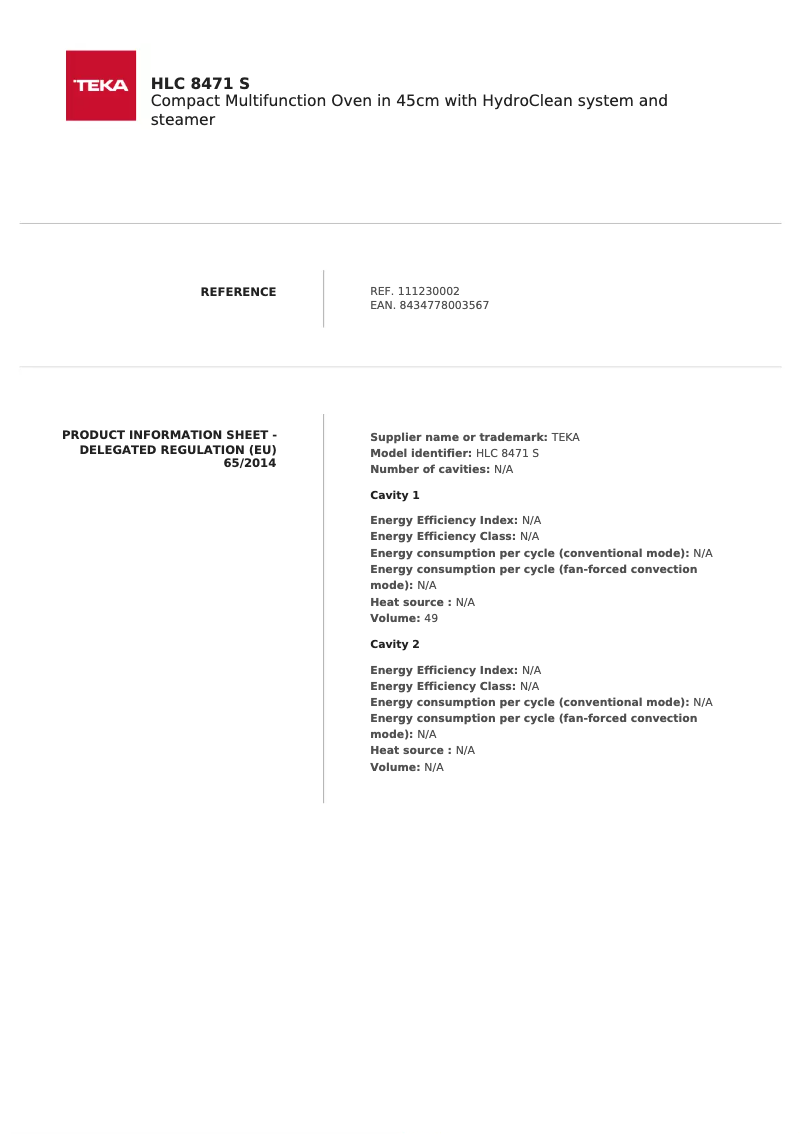 Page 1 de la notice Fiche technique Teka HLC 8471 S