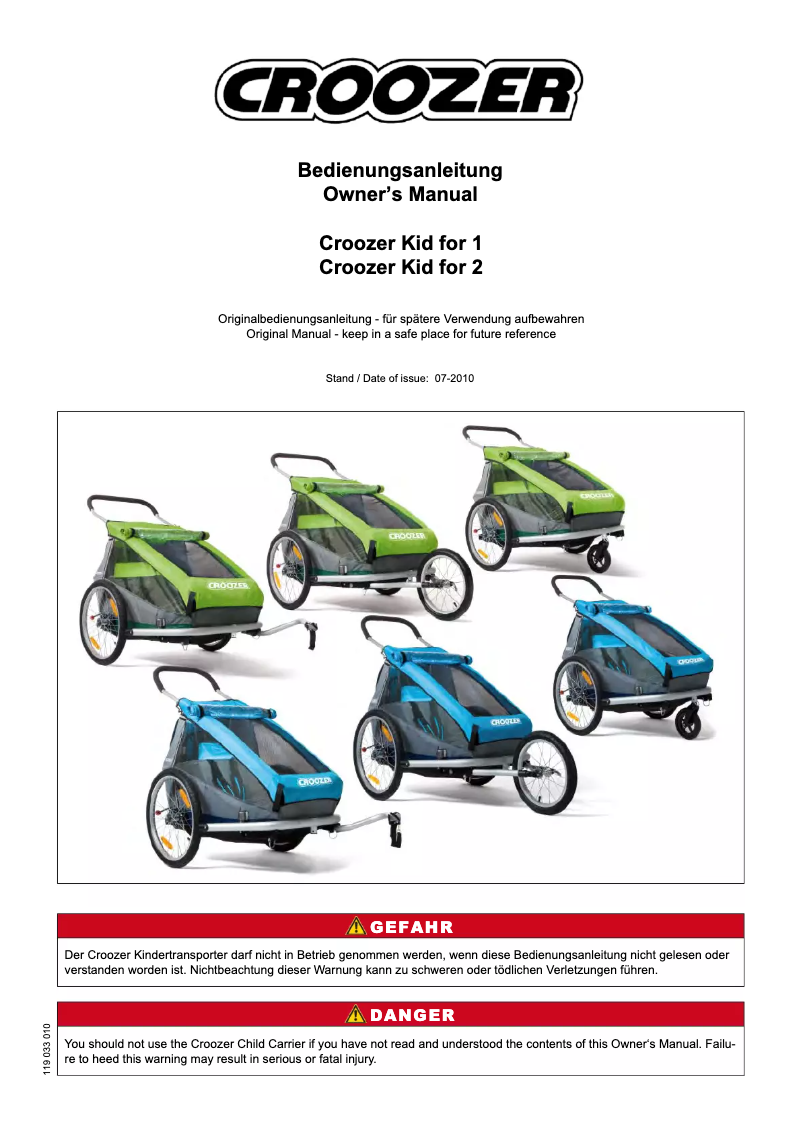 Page 1 de la notice Manuel utilisateur Croozer Kid for 1