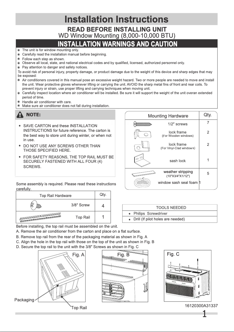 Page 1 de la notice Guide d'installation Frigidaire FHWW085WE1
