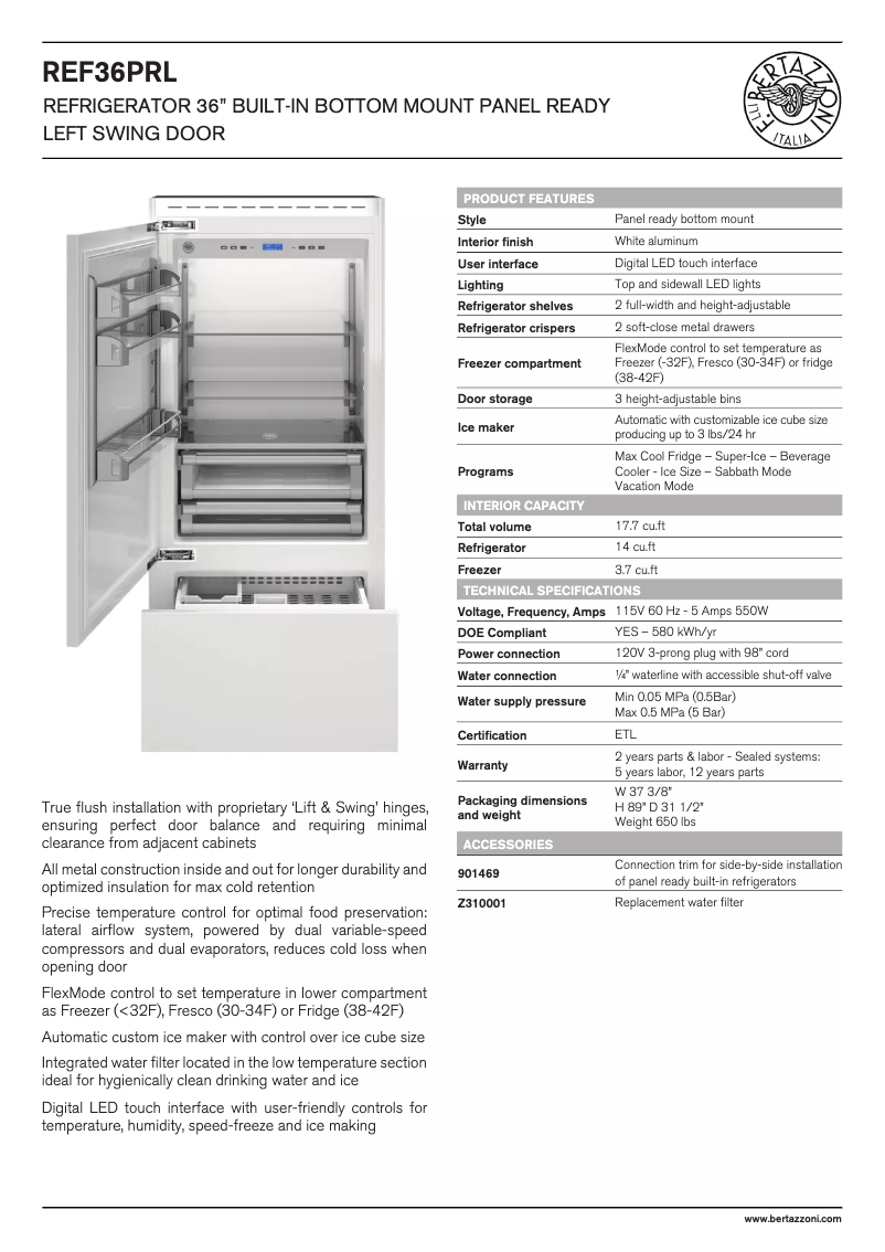 Página 1 del manual Ficha técnica Bertazzoni REF36L