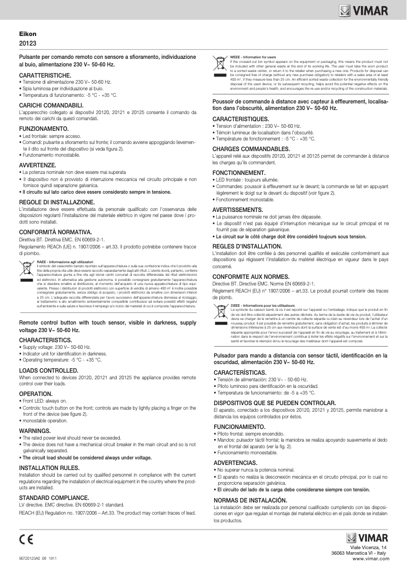 Page 1 de la notice Manuel utilisateur Vimar 20123.B
