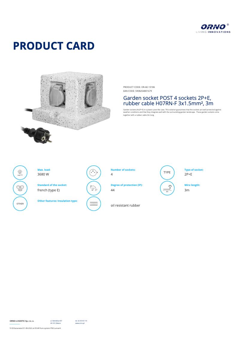 Página 1 del manual Ficha técnica ORNO OR-AE-13186
